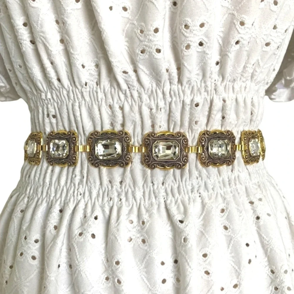 Gold Crystal Concho Chain Waist Statement Belt Formal wedding Bridal party event